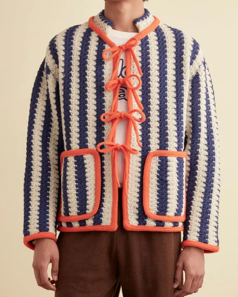 Men BODE Bold Stripe Cardigan - Blue/Cream