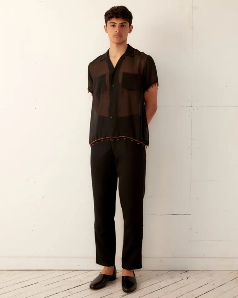 Men BODE Bugle Bead Trim Short Sleeve Shirt