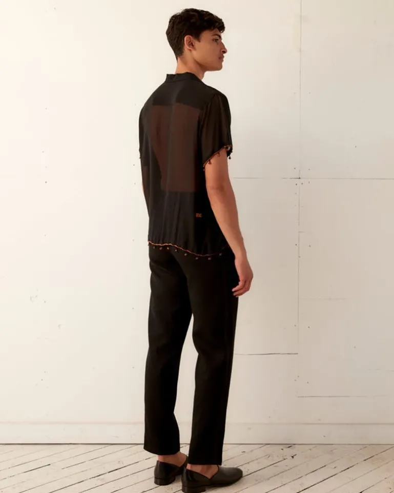 Men BODE Bugle Bead Trim Short Sleeve Shirt