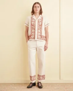 Men BODE Cross-Stitched Rose Garland Short Sleeve Shirt