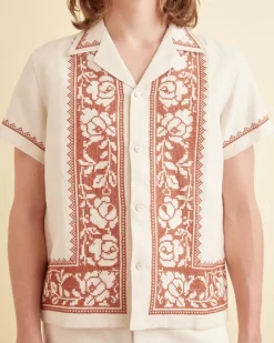 Men BODE Cross-Stitched Rose Garland Short Sleeve Shirt