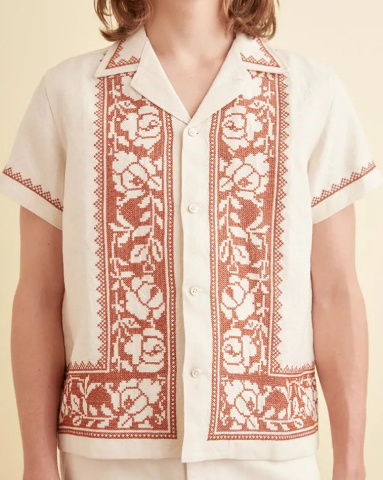 Men BODE Cross-Stitched Rose Garland Short Sleeve Shirt