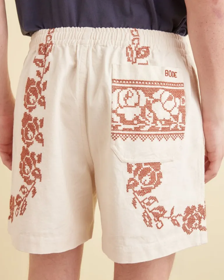 Men BODE Cross-Stitched Rose Garland Shorts