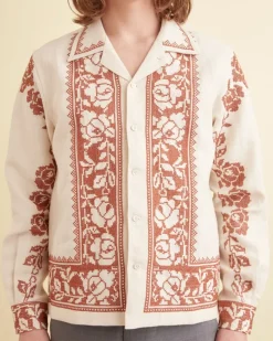 Men BODE Cross-Stitched Rose Garland Long Sleeve Shirt