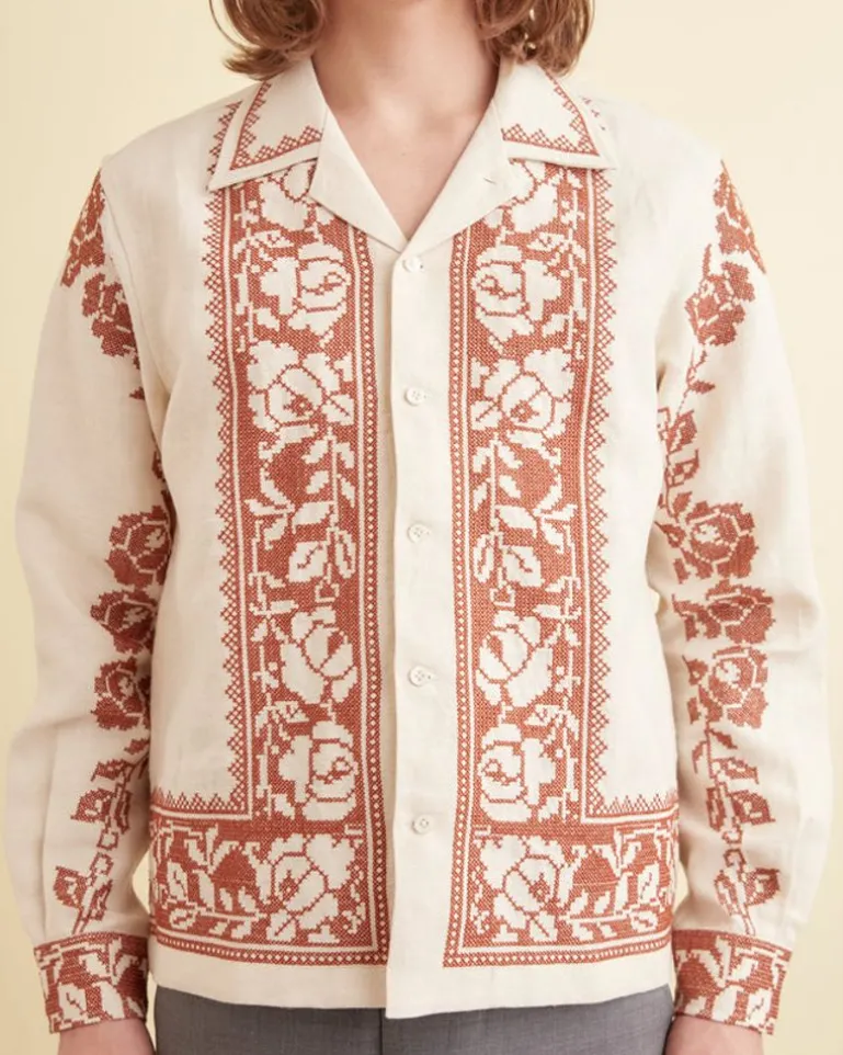 Men BODE Cross-Stitched Rose Garland Long Sleeve Shirt