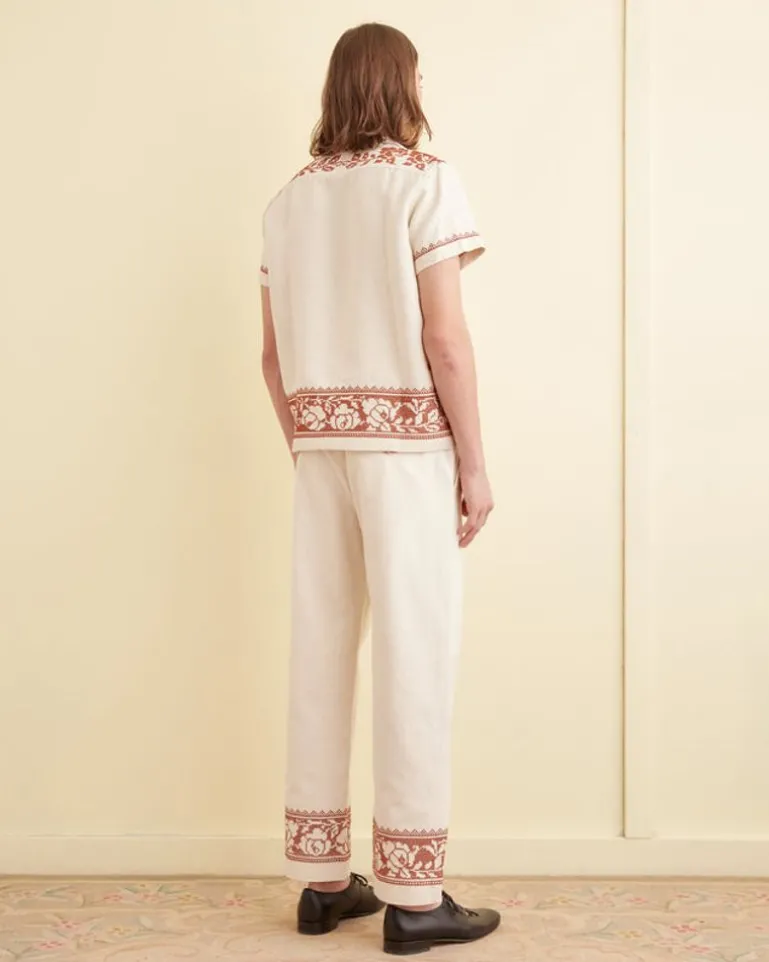 Men BODE Cross-Stitched Rose Garland Short Sleeve Shirt