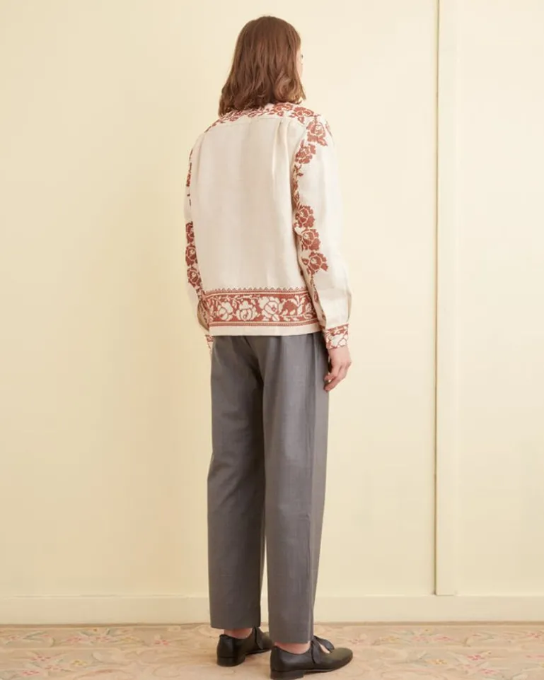 Men BODE Cross-Stitched Rose Garland Long Sleeve Shirt