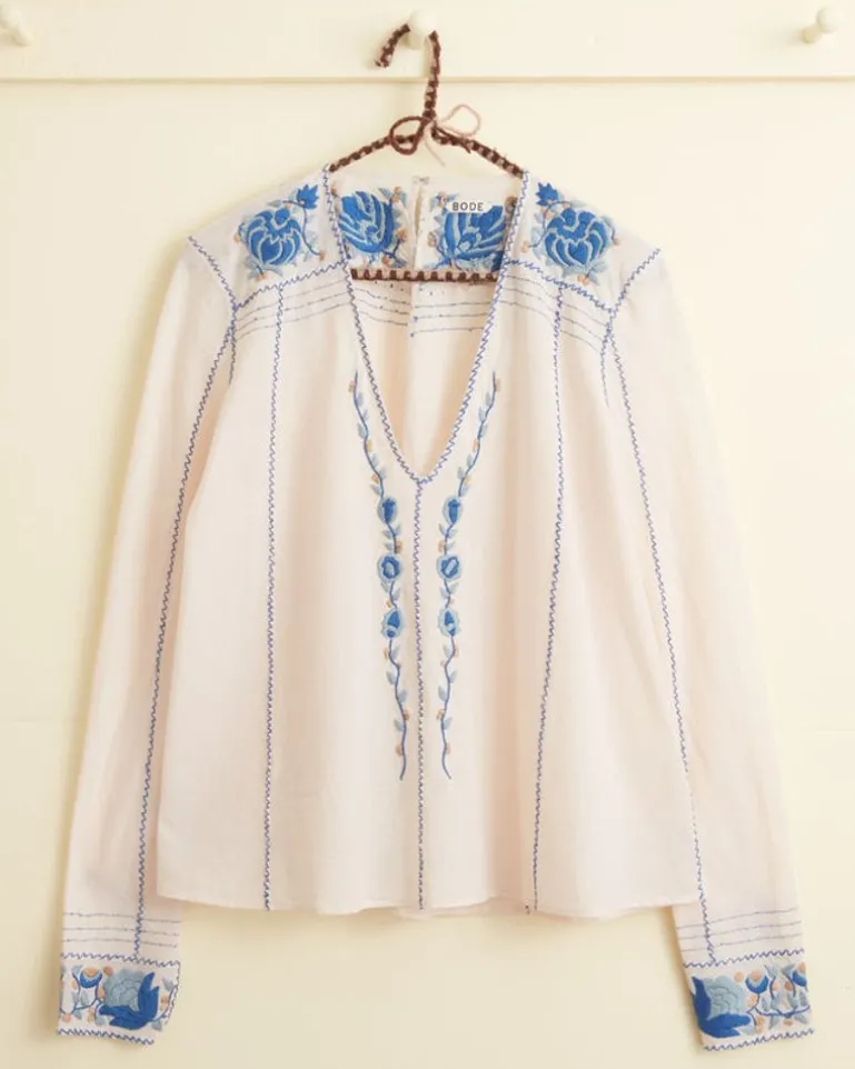 Women BODE Embroidered Cornflower Top