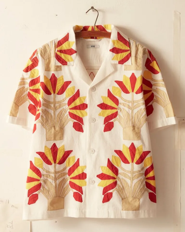 Men BODE Foliage Applique Short Sleeve Shirt