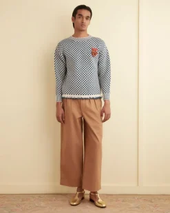 Men BODE Fringe Check Pullover - Blue