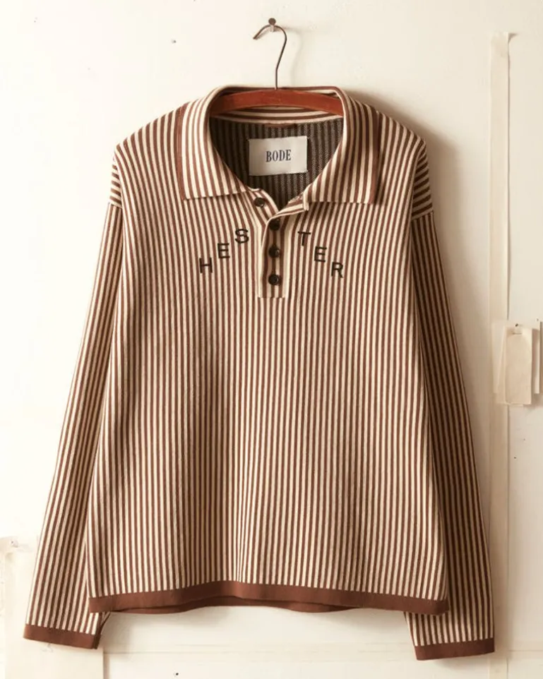 Men BODE Hester Street Polo - Brown/Cream