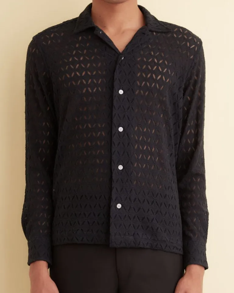 Men BODE Lattice Lace Long Sleeve Shirt - Black