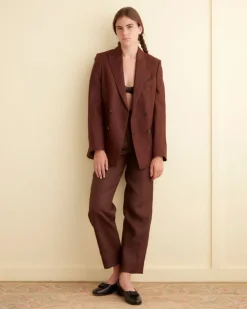 Women BODE Linen Double-Breasted Suit Jacket - Chocolate