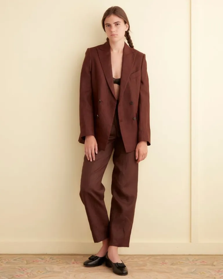 Women BODE Linen Double-Breasted Suit Jacket - Chocolate
