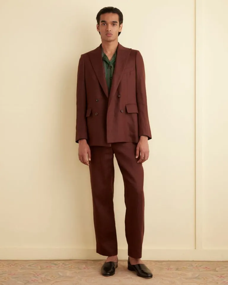 Men BODE Linen Double-Breasted Suit Jacket - Chocolate