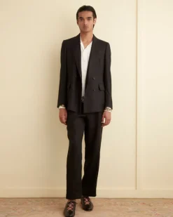 Men BODE Linen Double-Breasted Suit Jacket - Black