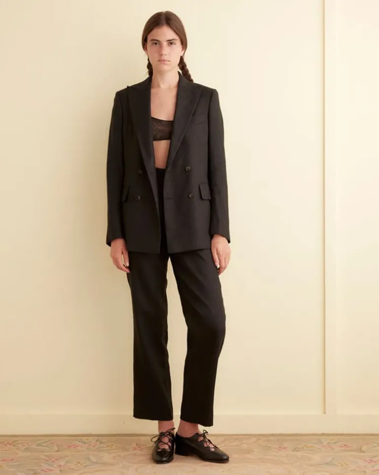Women BODE Linen Double-Breasted Suit Jacket - Black