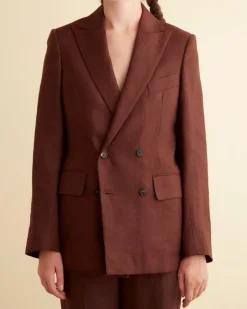 Women BODE Linen Double-Breasted Suit Jacket - Chocolate