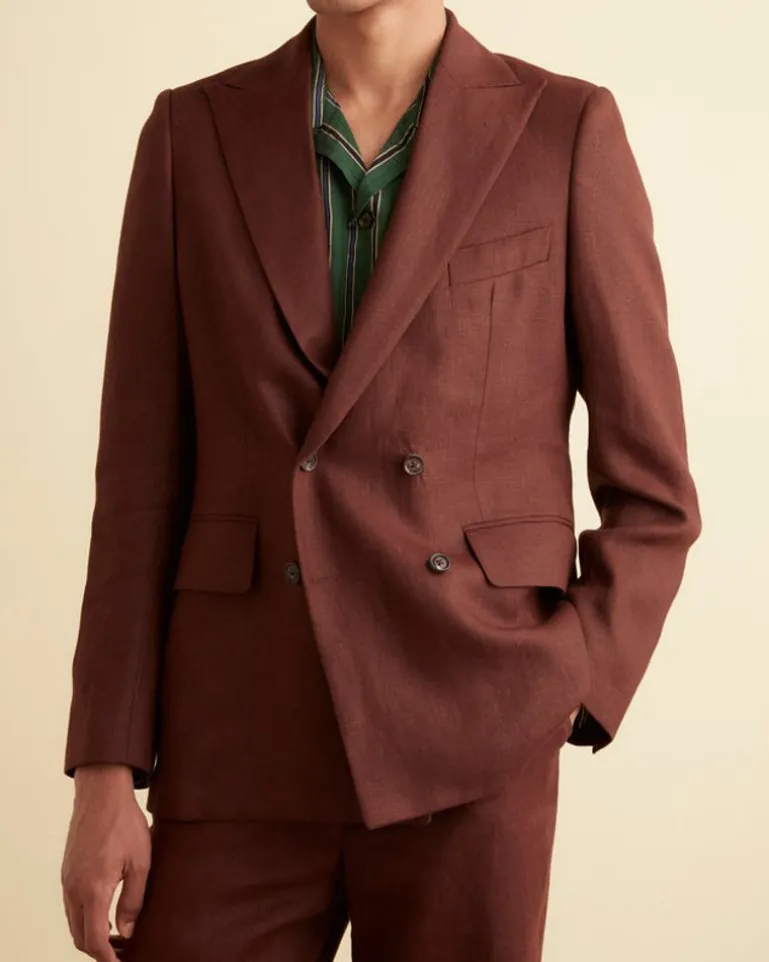 Men BODE Linen Double-Breasted Suit Jacket - Chocolate