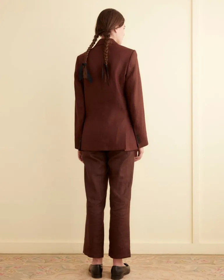 Women BODE Linen Double-Breasted Suit Jacket - Chocolate