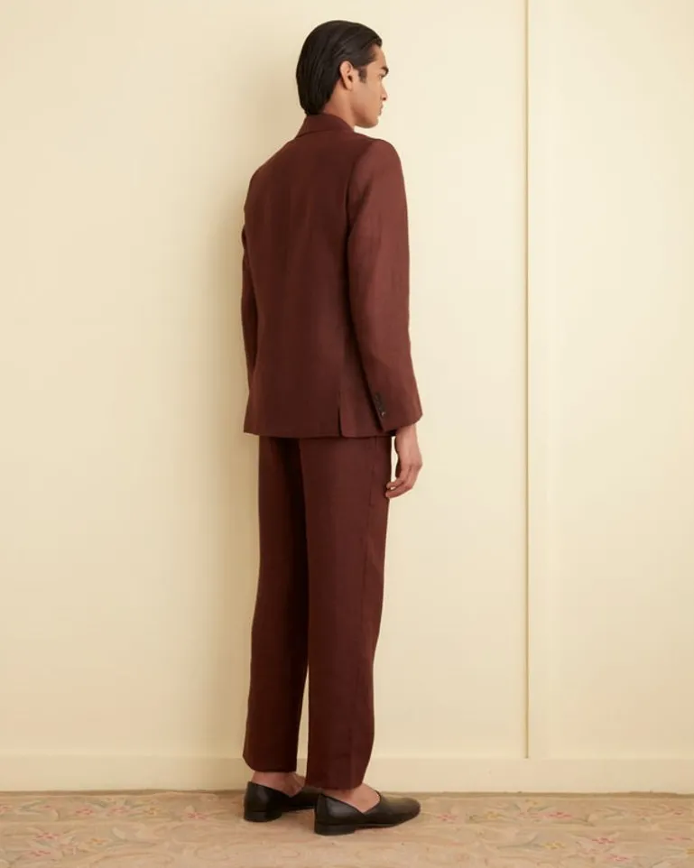 Men BODE Linen Double-Breasted Suit Jacket - Chocolate