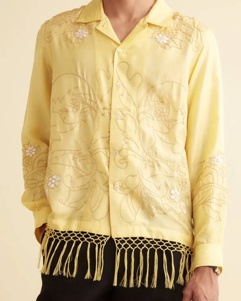 Men BODE Paquerette Fringe Long Sleeve Shirt