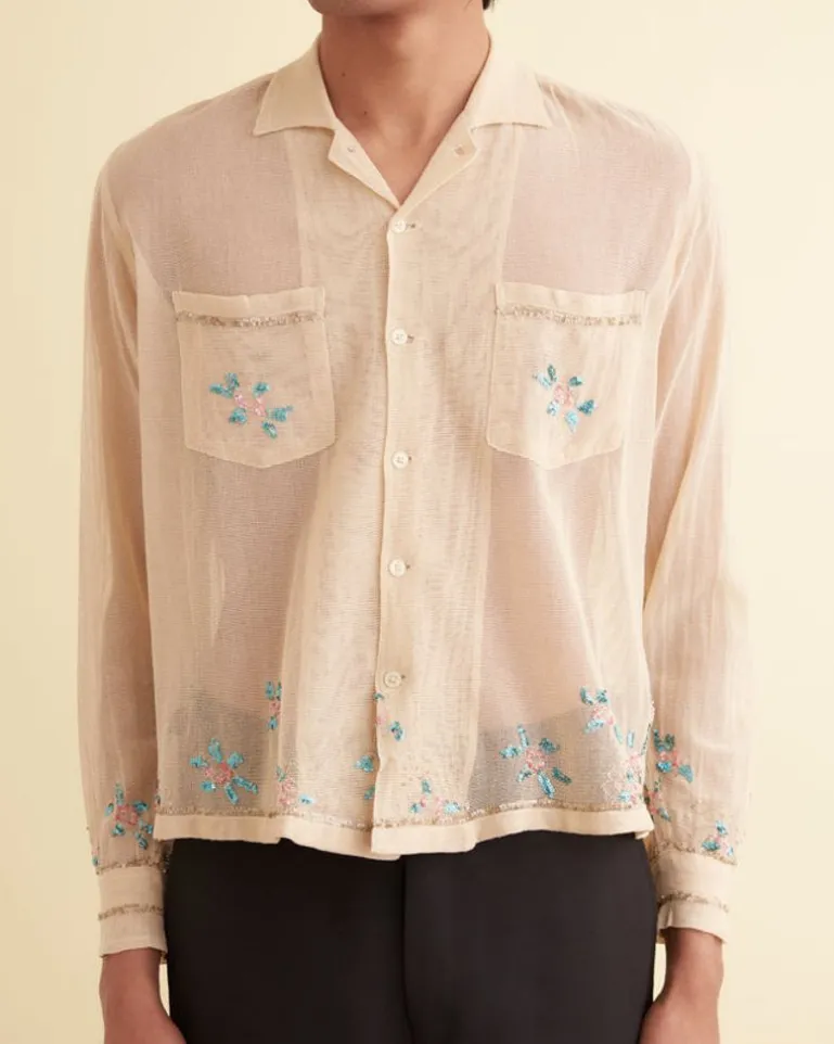 Men BODE Sequined Floral Net Long Sleeve Shirt