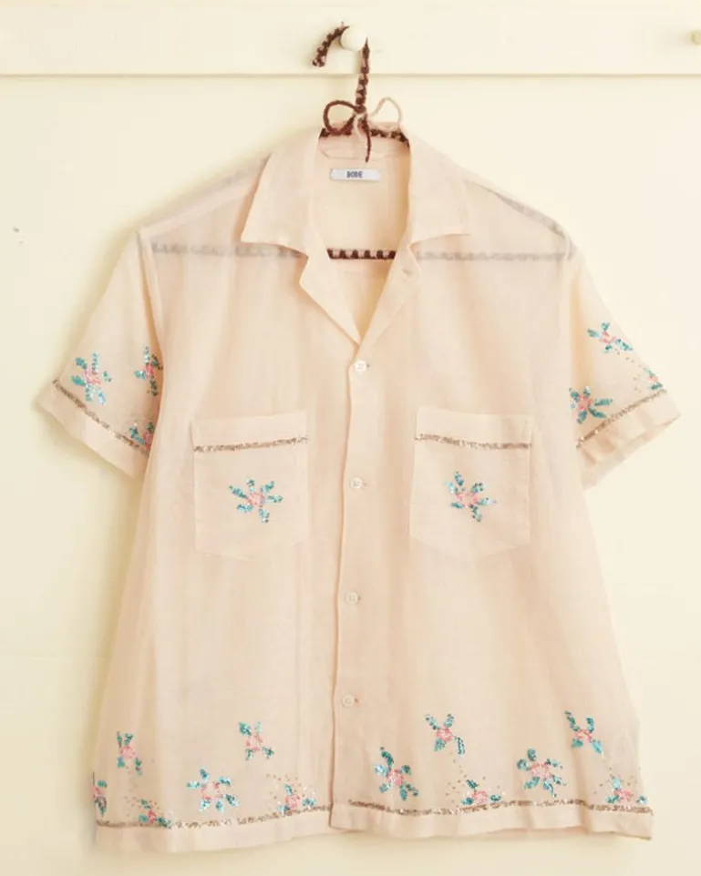 Men BODE Sequined Floral Net Short Sleeve Shirt