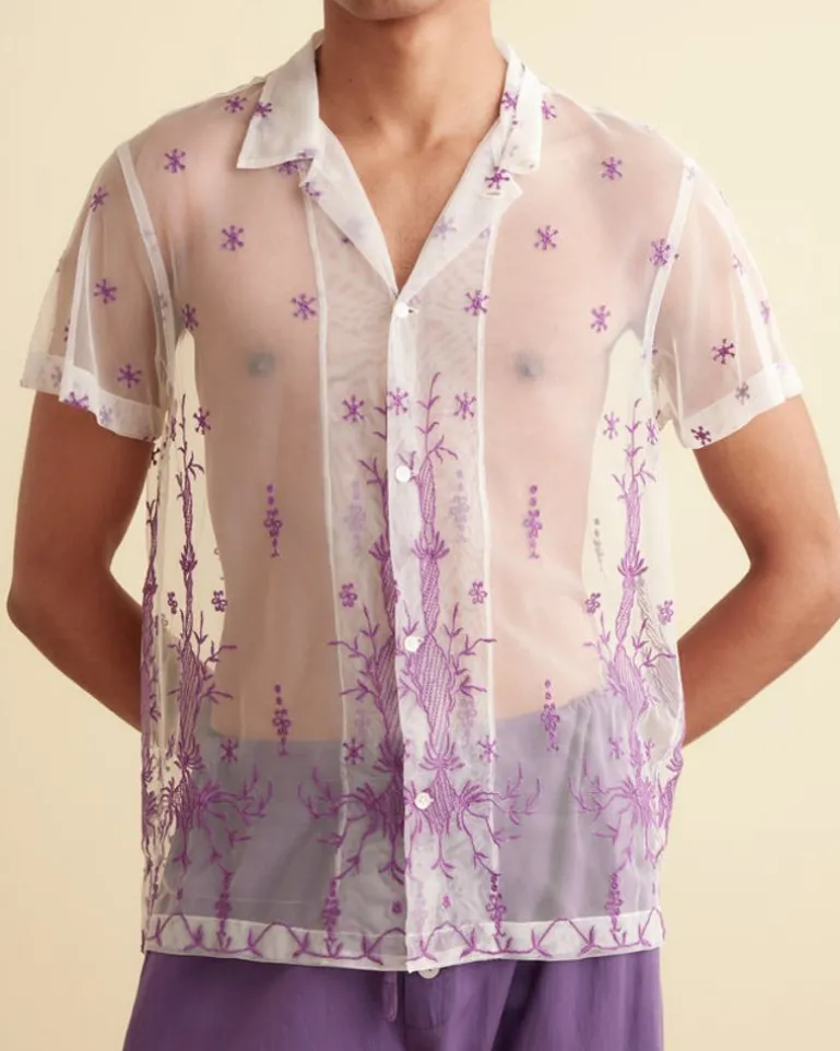 Men BODE Sheer Lavandula Short Sleeve Shirt