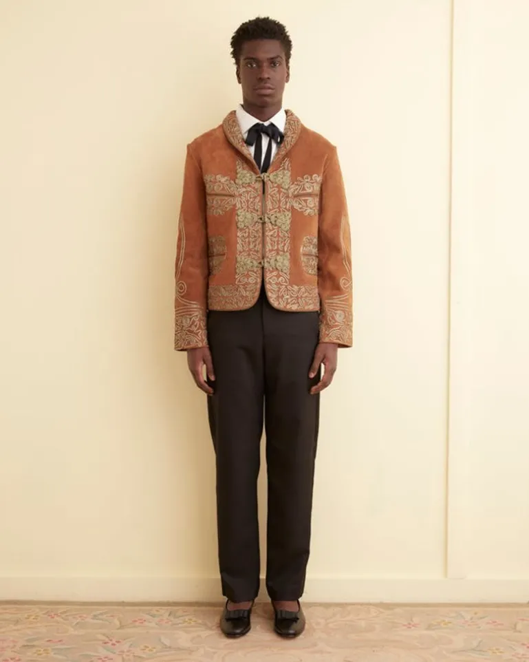 Men BODE Suede Shawl Couching Jacket