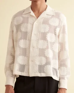 Men BODE Sunflower Lace Long Sleeve Shirt - Ecru