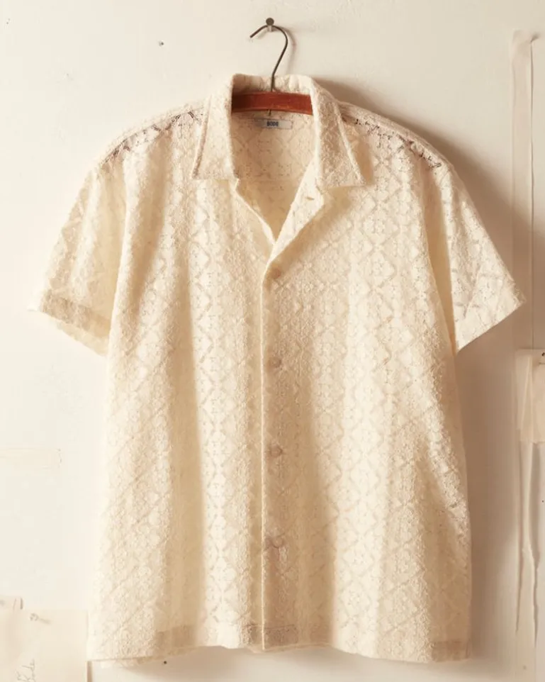 Men BODE Tile Lace Short Sleeve Shirt - Ecru